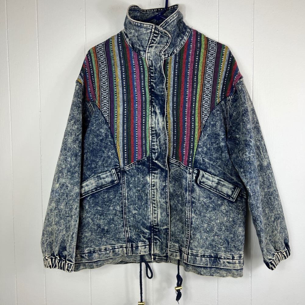 Forever 21 Denim Jacket‎ Womens L Blue Acid Wash Southwestern Aztec Print 80s